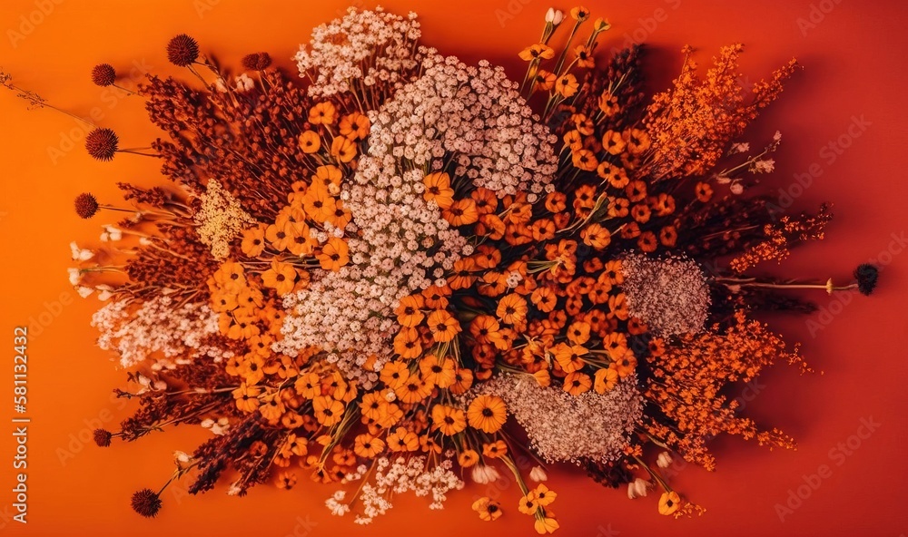  a bunch of flowers that are sitting on a orange surface with a red wall in the backround of the pic