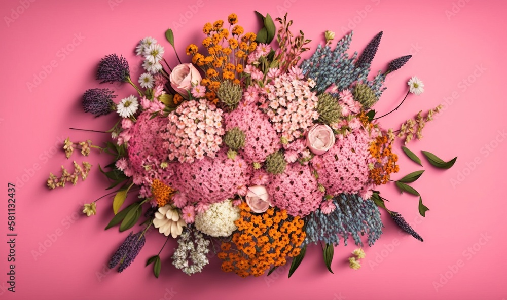  a bouquet of flowers on a pink background with leaves and flowers in the center of the bouquet, top