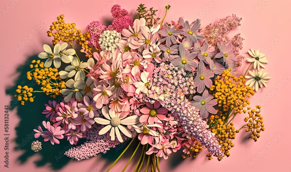  a bouquet of flowers on a pink background with a shadow on the wall behind it and a shadow on the w