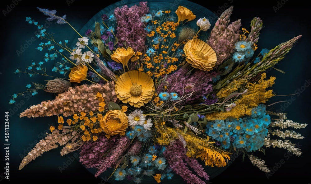  a bouquet of flowers on a blue plate on a black background with a blue butterfly in the middle of t