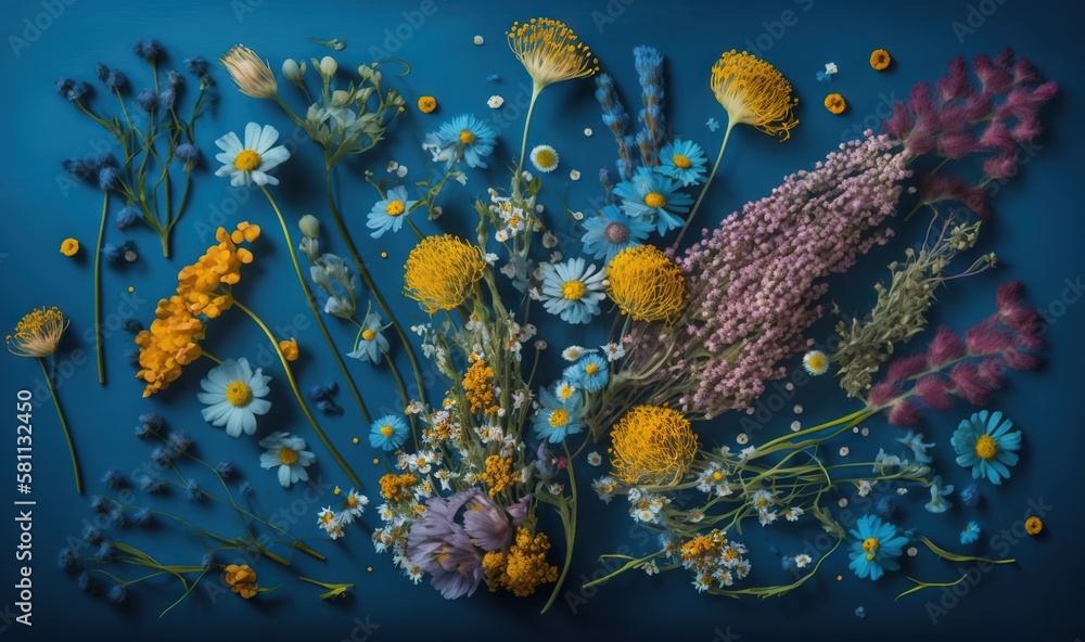  a bunch of flowers that are on a blue surface with yellow and white flowers in the middle of the pi