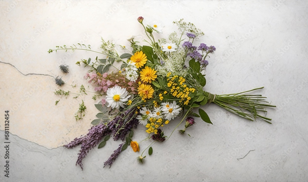  a bouquet of wildflowers and lavenders on a marble slabd surface with a white wall in the backgroun