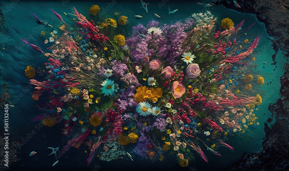  a large bouquet of flowers floating in the water with a fish swimming by its side in the water, su