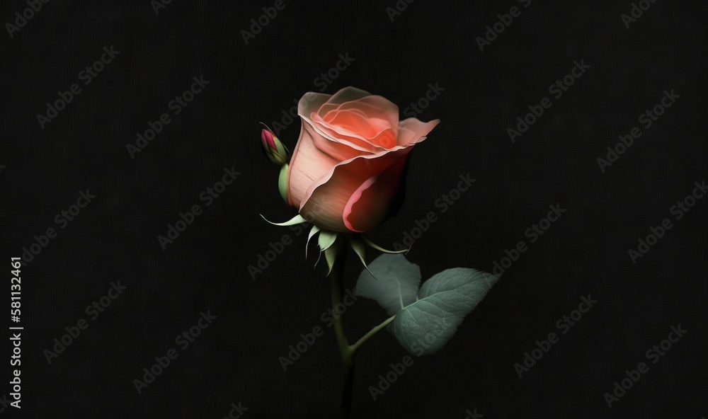  a single pink rose with green leaves on a black background with space for text or image to be put o