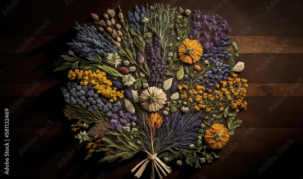  a bunch of flowers that are sitting on a wooden table with a ribbon around it that is tied to the s