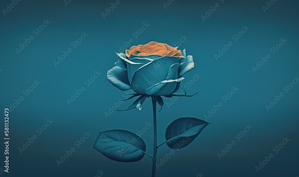  a single blue rose with a yellow center on a blue background with a green stem and two green leaves