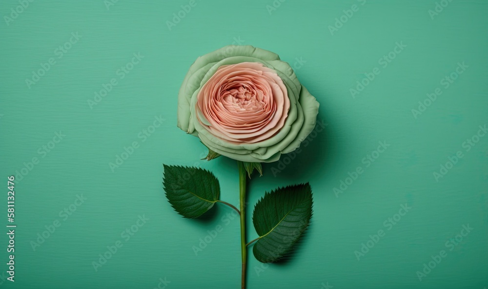  a single pink rose with green leaves on a green background with a green wall in the background and 