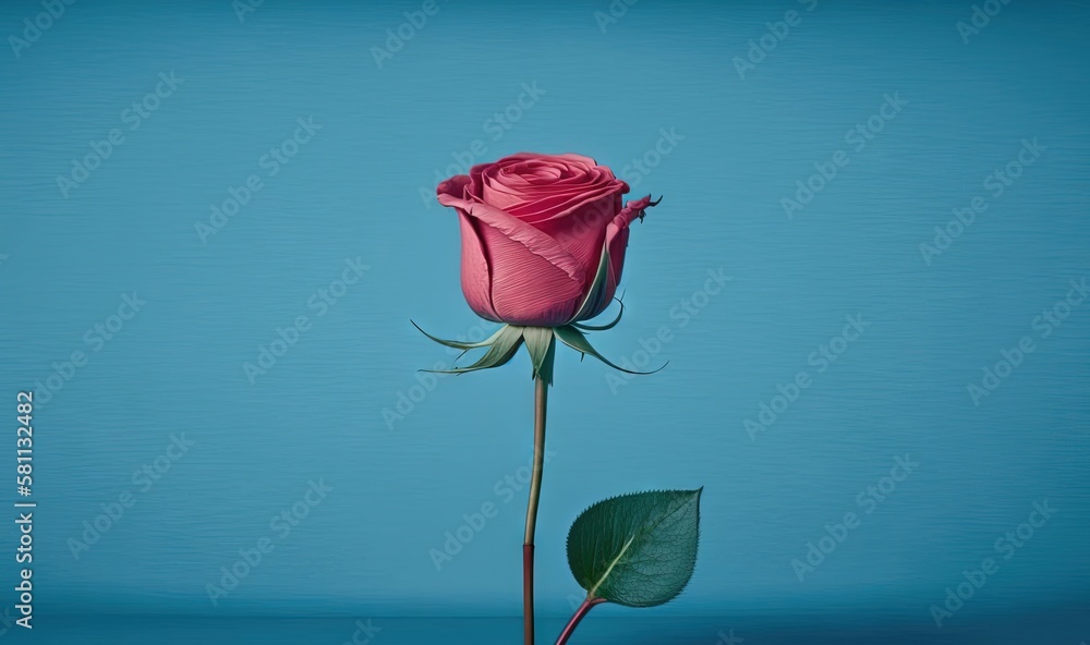  a single pink rose with a green stem on a blue background with a green leaf in the foreground and a