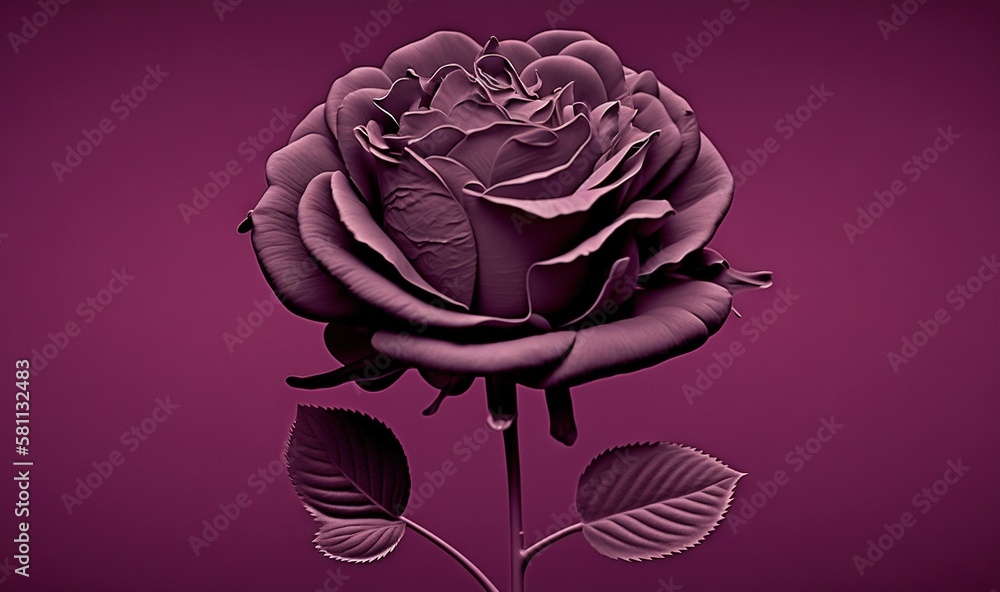  a single purple rose with leaves on a purple background with a black border around the center of th