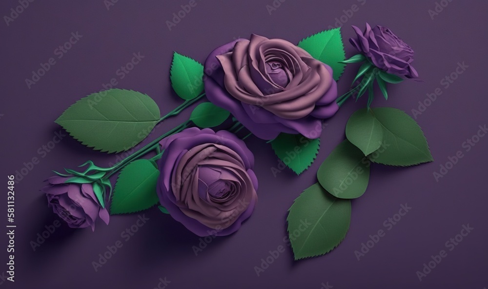  three purple roses with green leaves on a purple background with space for a text or a picture or a