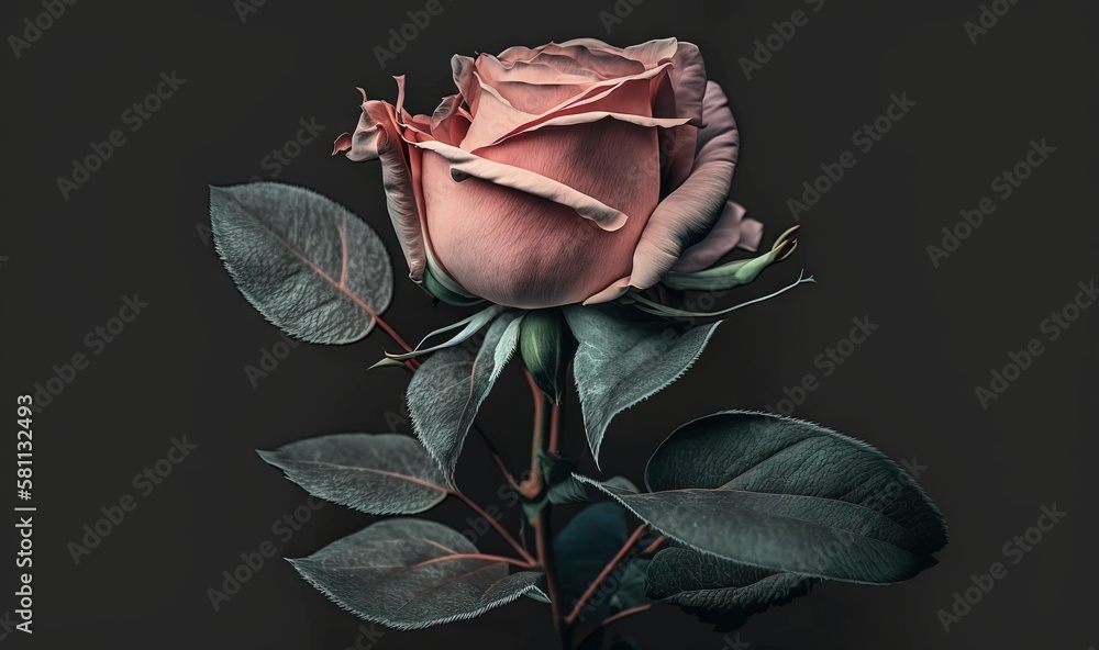  a single pink rose with green leaves on a black background with a black background and a black back