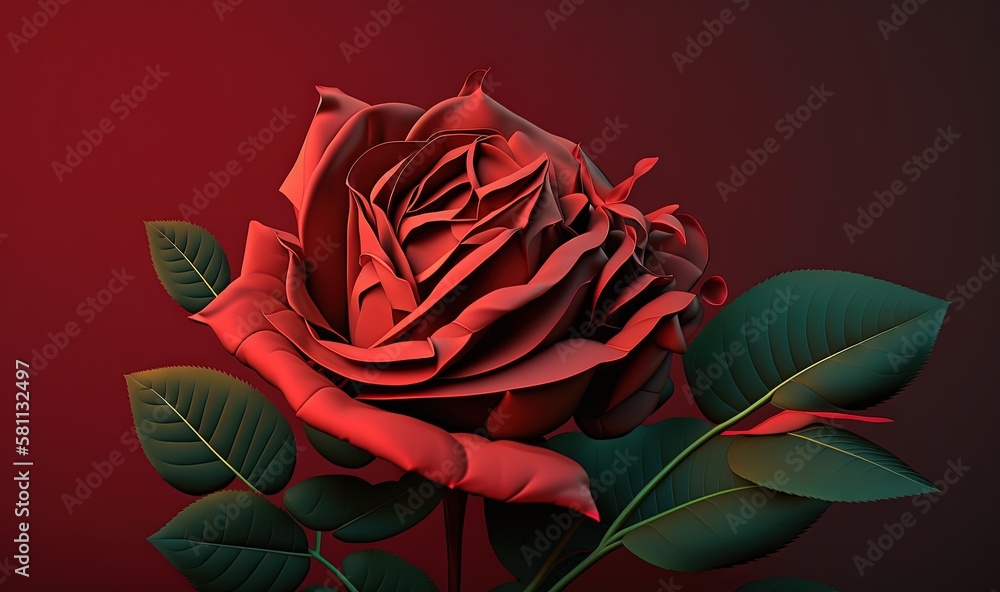  a red rose with green leaves on a red background with a red background and a red background with a 