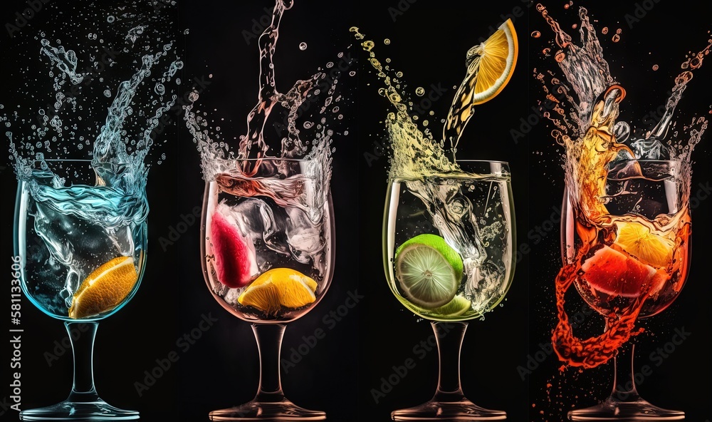  a group of three glasses filled with different types of drinks and splashing water on top of each g