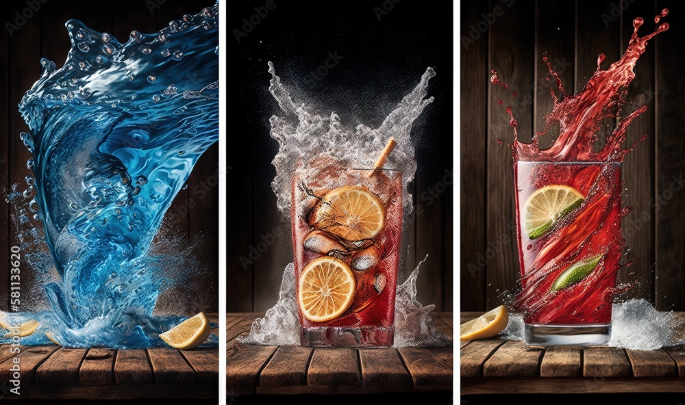  three different shots of a glass of water with oranges, lemons and water splashing out of the top a