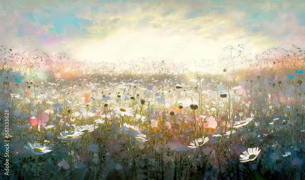  a painting of a field of flowers with the sun in the background and a blue sky in the foreground wi