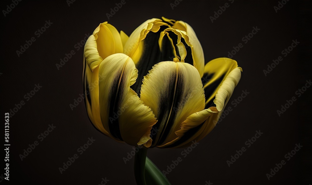  a close up of a yellow and black flower on a black background with a black background and a black b