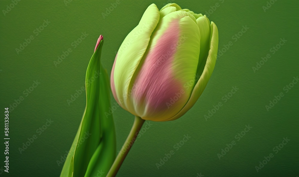  a single pink and green tulip on a green background with the stem still attached to the stem, with 