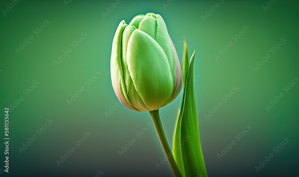  a single green tulip with a green background and a green stem with a single green flower in the mid