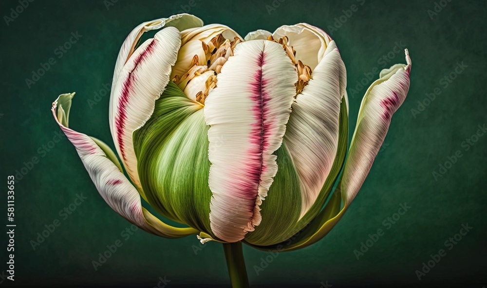  a large white and pink flower with green leaves on a green background with a dark green back ground