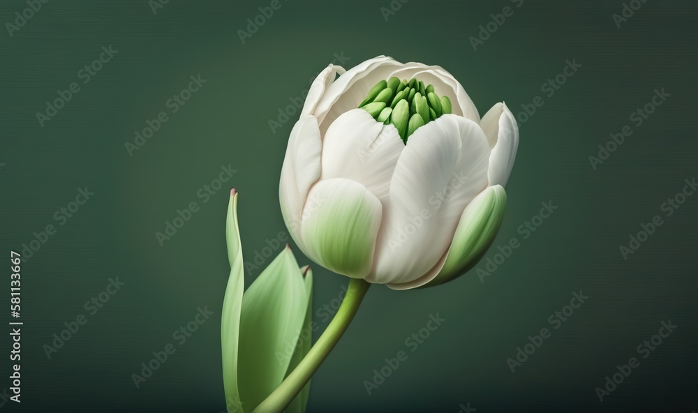  a white flower with a green center on a green background with a green stem and a green center on th