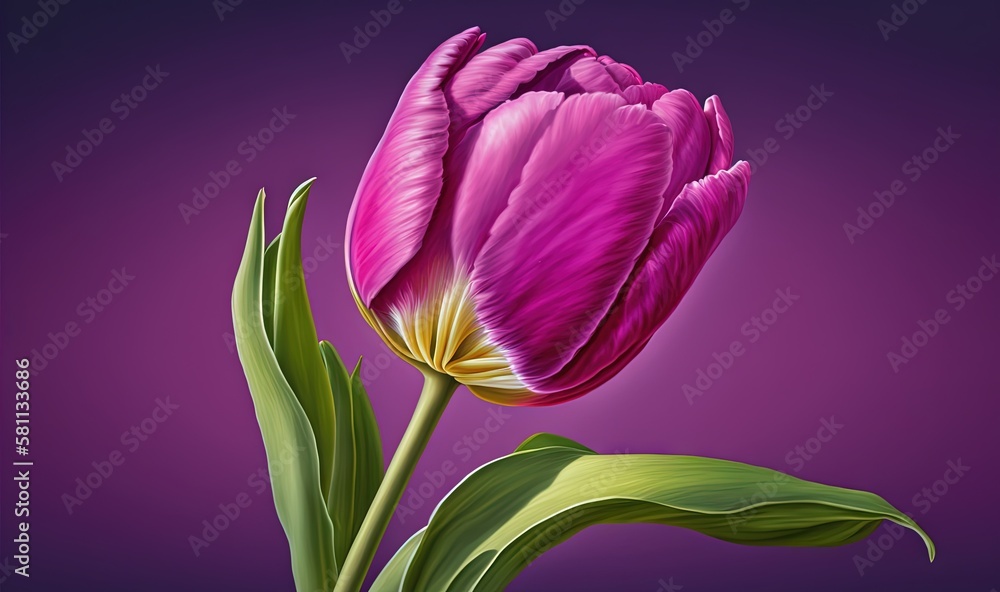  a painting of a pink flower with green leaves on a purple background with a purple background and a