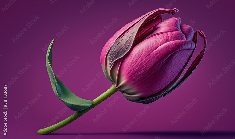  a single pink flower with a green stem on a purple and pink background with a shadow of the flower 