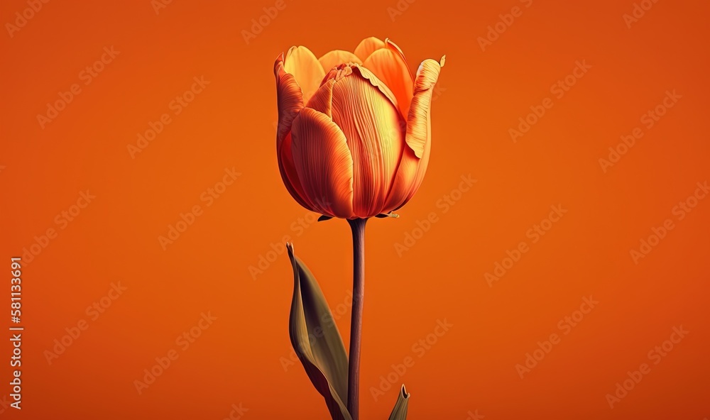  a single orange tulip on an orange background with a green stem in the foreground and a green stem 