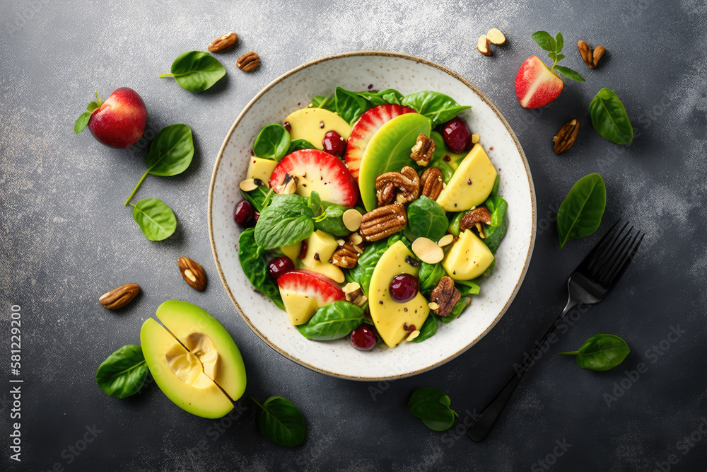 Fruit salad with red apples, avocado, spinach Illustration AI Generative.