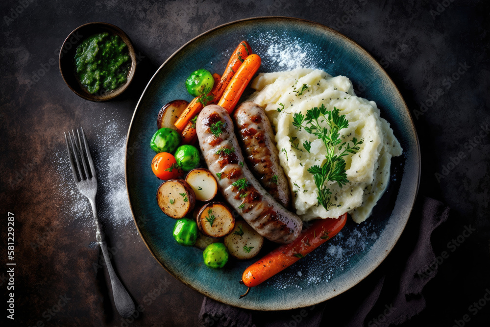 Grilled sausages with mashed potatoes. Illustration AI Generative.