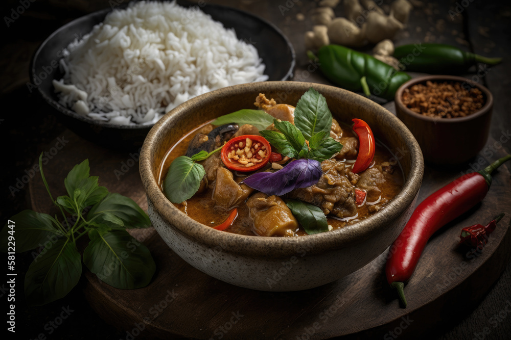 Spicy thai curry with pork meat serving with rice Illustration AI Generative.