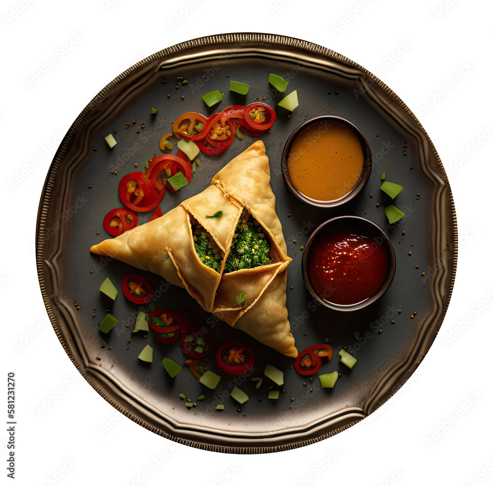 Samosa on a plate with sauce and tomatoes Illustration AI Generative.