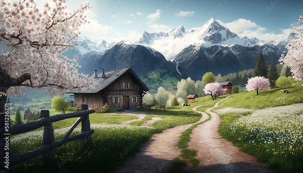 Idyllic mountain landscape in the alps with blooming meadows in springtime. Generative AI illustrati