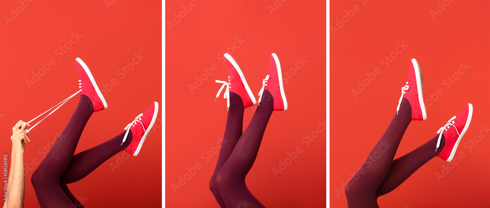 Collage of young womans legs in tights and gumshoes on red background