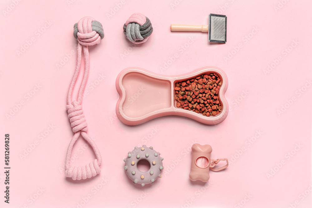 Set of pet care accessories and dry food on pink background