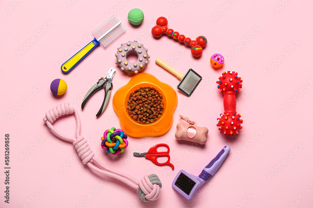 Composition with different pet care accessories and dry food on pink background