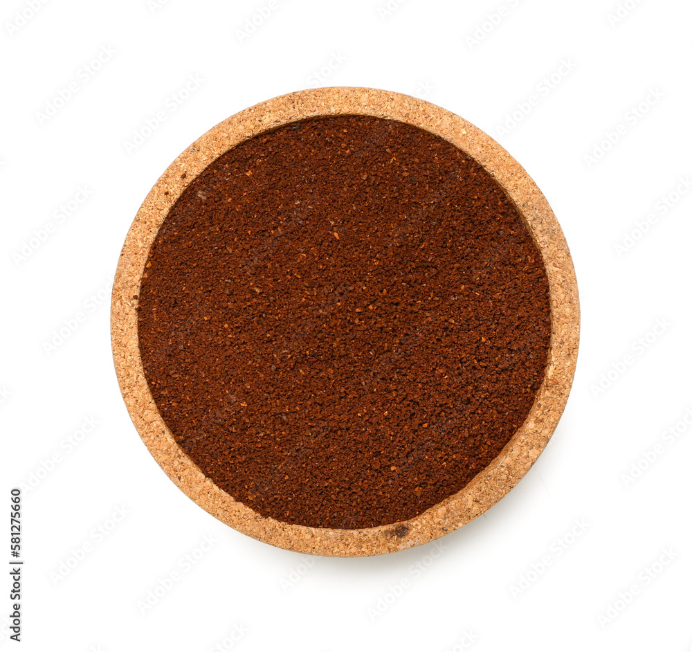 Bowl of coffee powder isolated on white background