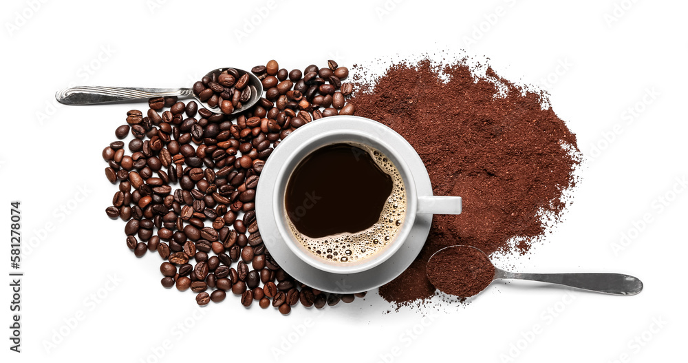 Cup of coffee with powder, beans and spoons on white background