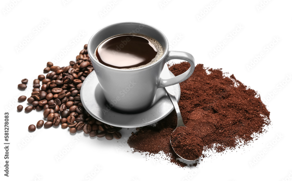 Cup of coffee with powder, beans and spoon on white background