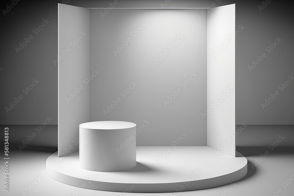 White product background or an empty, blank room with minimum shadows, window light, and a stage on 