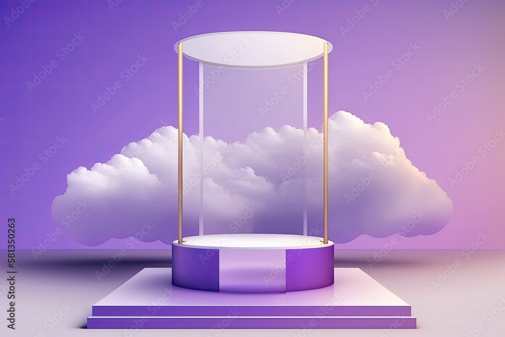 Front view of transparent podium with white space in background of purple gradient clouds. Generativ