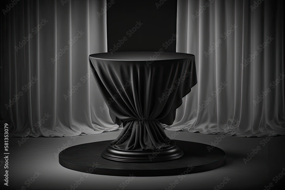 Elegant display and table showcase platform on dark room stage with black luxury fabric podium pedes