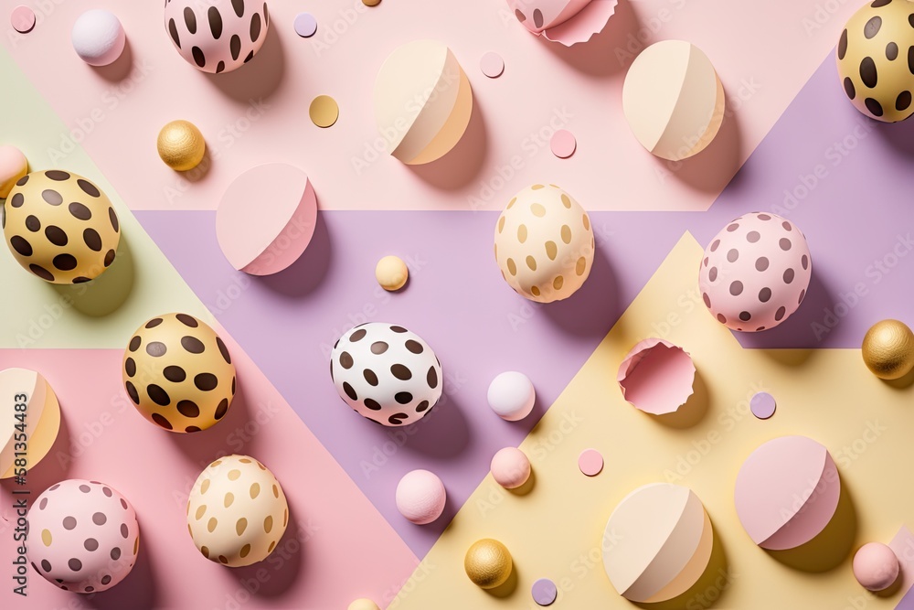 Easter eggs in soft colors spread across a pink background. Abstract flat lay with a bright pattern 