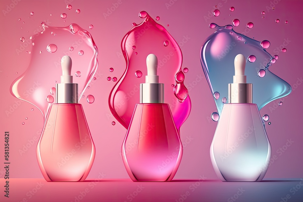 Drops of cosmetic moisturizing liquid on a background of light red and pink. cleanser lotion or tone