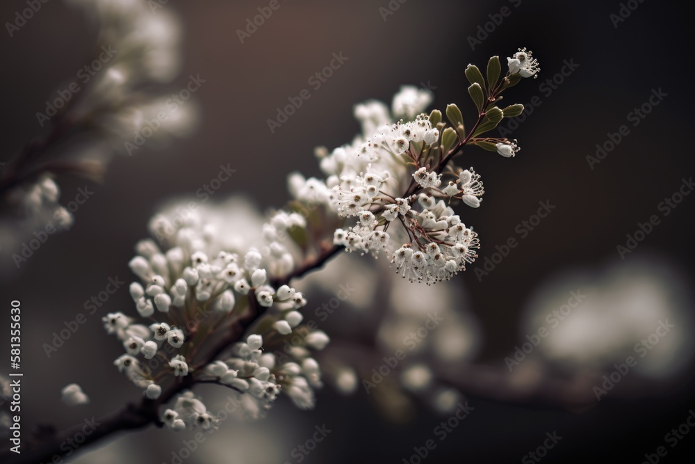 a branch covered in white spring blooms. Springtime bloom. Macroscopic photography. Generative AI