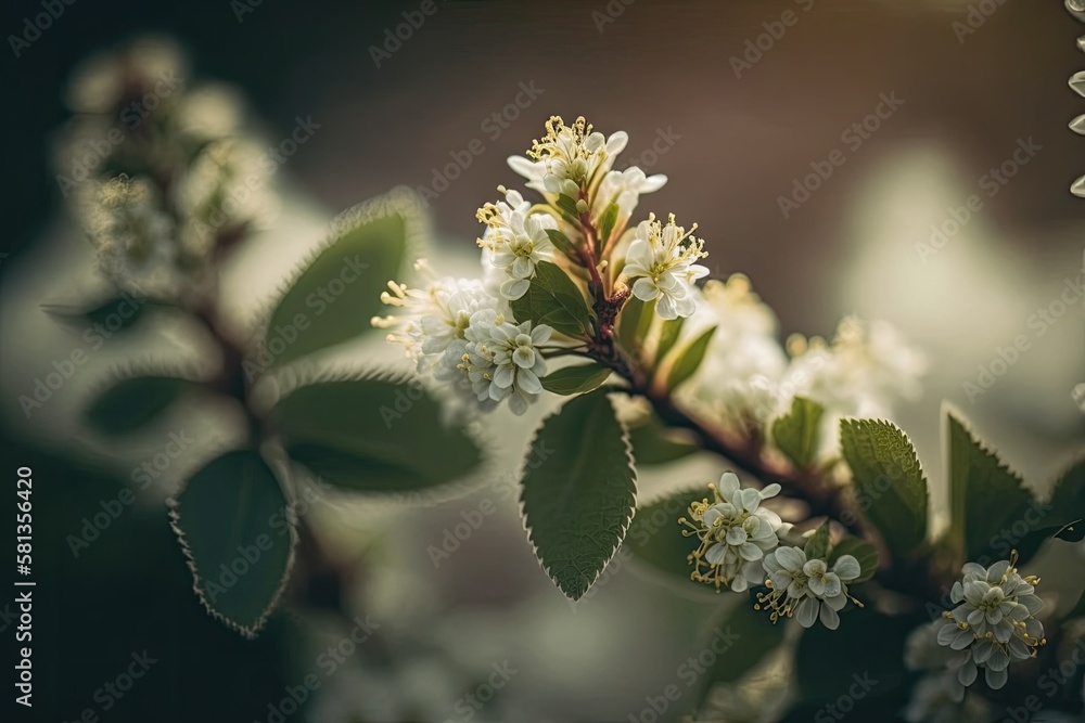 white flowering bushes Springtime bloom. Macroscopic photography. Up close. Generative AI