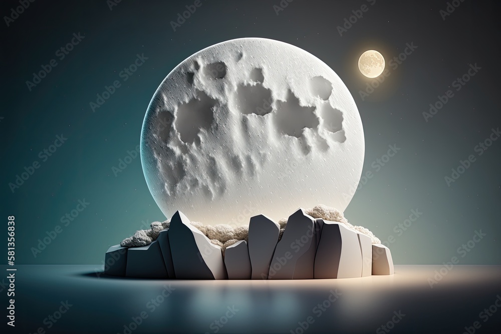 Stone podium display against a background of a full moon at night is an abstract background scene fo