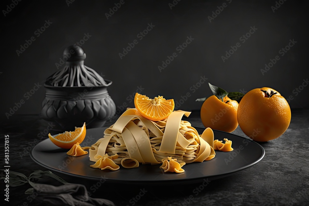 plate with pasta and tangerine stands on black background soft focus. Generative AI