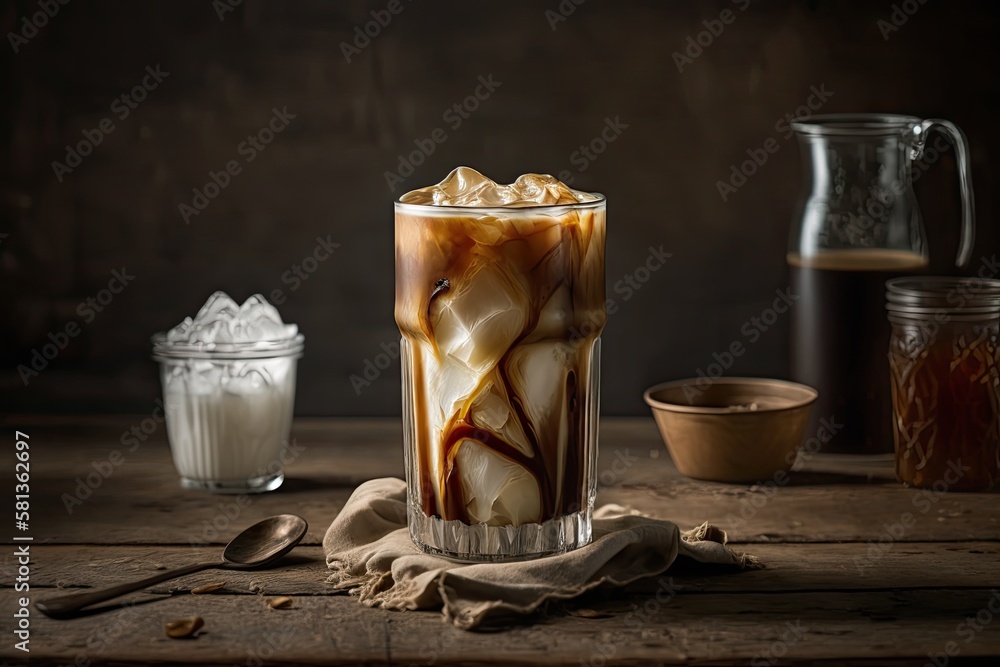 Cold brew coffee served over ice in a glass with milk. Generative AI