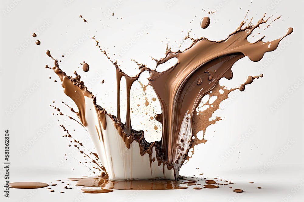 chocolate milk with coffee splash on a white background, alone. Generative AI