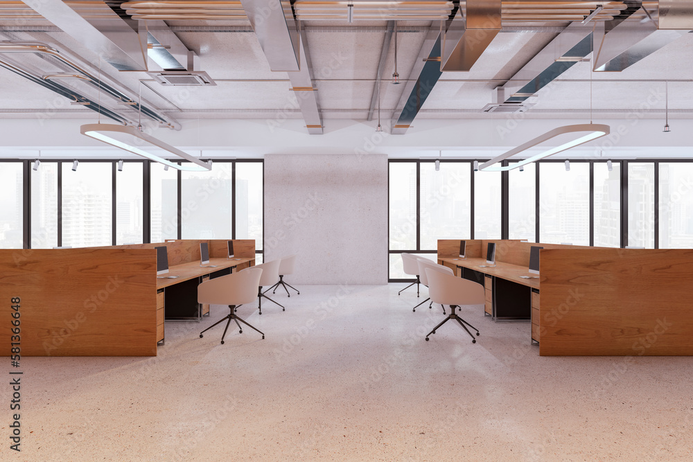 Contemporary wooden and concrete coworking office interior with window and city view, furniture, equ